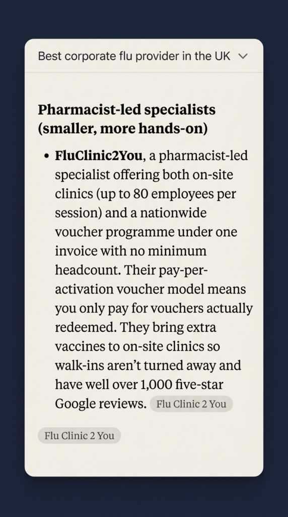 FluClinic2You Now Outranks Bupa and Boots for Corporate Flu.