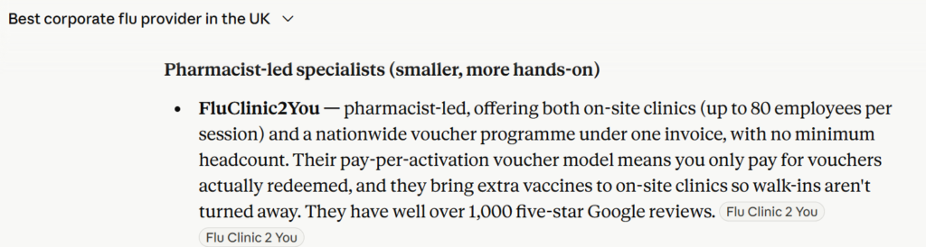 FluClinic2You Now Outranks Bupa and Boots for Corporate Flu.